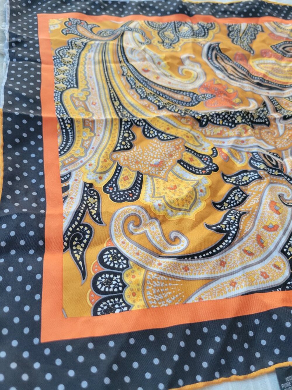 Vintage Pure Silk Paisley Square Scarf Gold Orange Black Polka Dot Hand Rolled - Picture 4 of 5